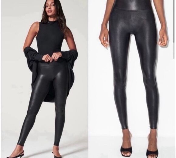 SPANX Pants - SPANX black shiny leather looking stretch leggings ankle pants stretch pants siz